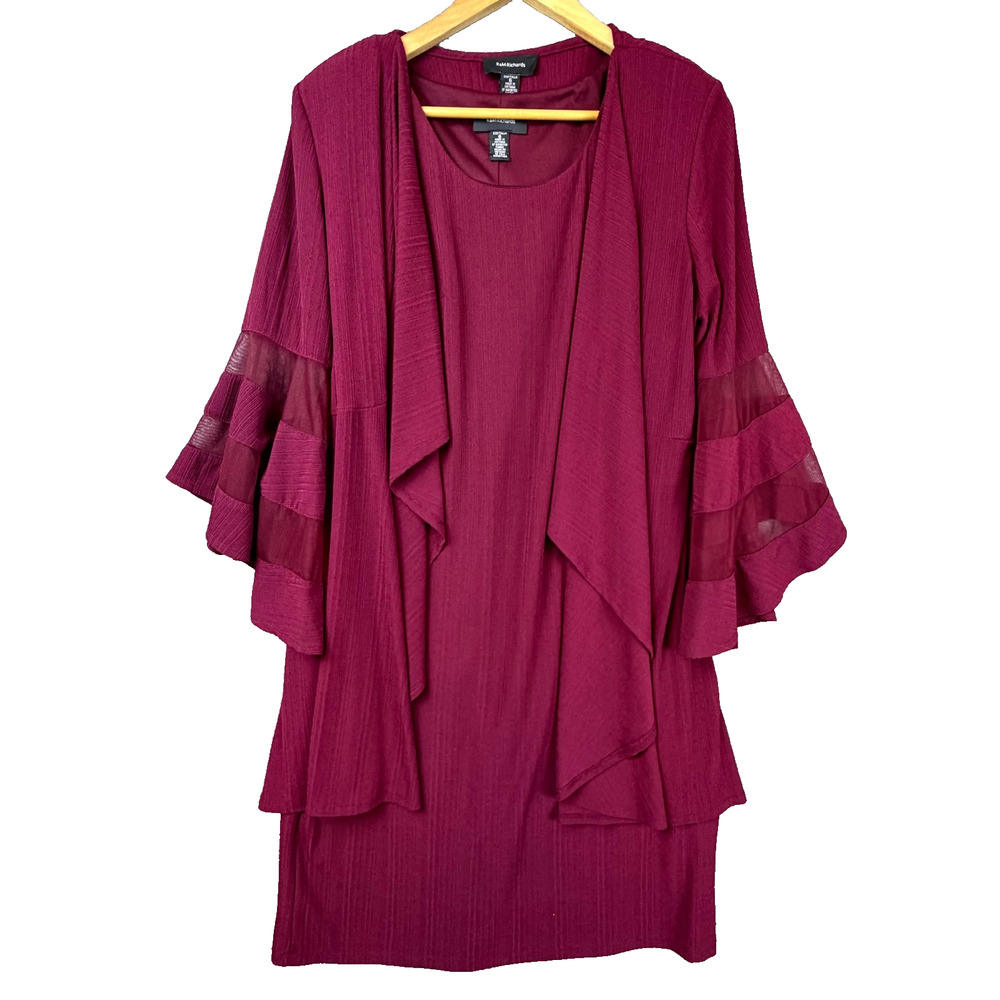 R&M Richards 2-Piece Dress Womens 6 Burgundy Bell Sleeve Layered‎ MOB Evening